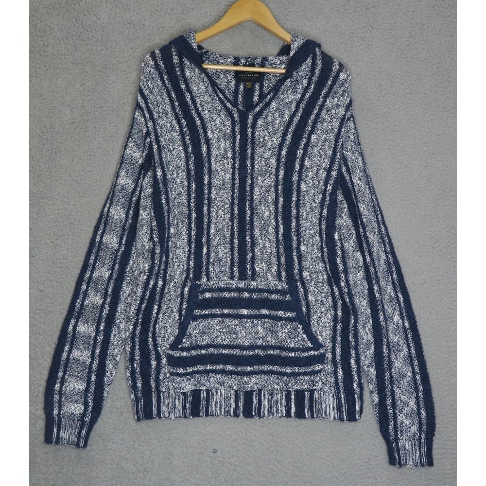 Lucky Brand Mens Baja Hooded Sweater Navy Blue White Striped Medium NEW - Picture 2 of 15